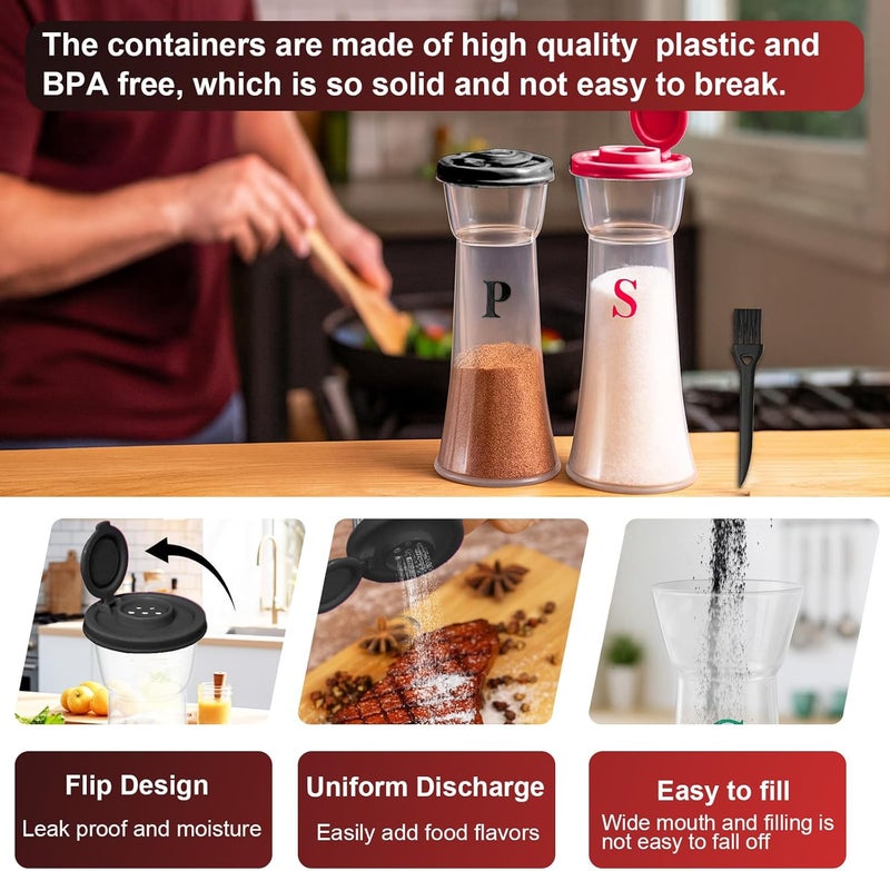 CEILUPY Set of 2 Clear Salt and Pepper Shakers, Plastic Spice Jars with Colorful Lids, Leakproof Moisture-Proof for Home Kitchen Restaurant, Camping, Travel, Picnic (Black Red) - Image 4